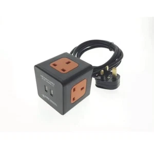 Black Power Cube Extension Socket/Lead, Surge Protected 3 Way w/2 USB Charger 2m - Picture 1 of 3