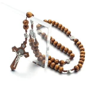 Wooden Rosary Beads Cross Wooden Christ Jesus Pendant Long Prayer Necklace - Picture 1 of 8