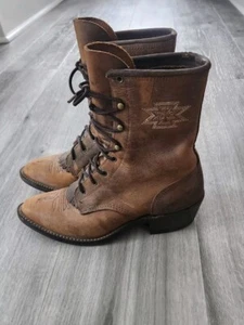 Vtg Abilene Boots Women 7M Brown Leather Western Packer Kiltie Granny USA Made - Picture 1 of 14