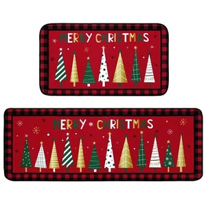 Set of 2 Christmas Kitchen Rugs and Mats Merry Christmas Xmas Trees Floor Mat... - Picture 1 of 7