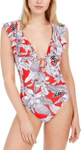 RACHEL ROY Island Getaway Tie Front Ruffle One Piece Swimsuit sz Large Swimwear - Picture 1 of 3