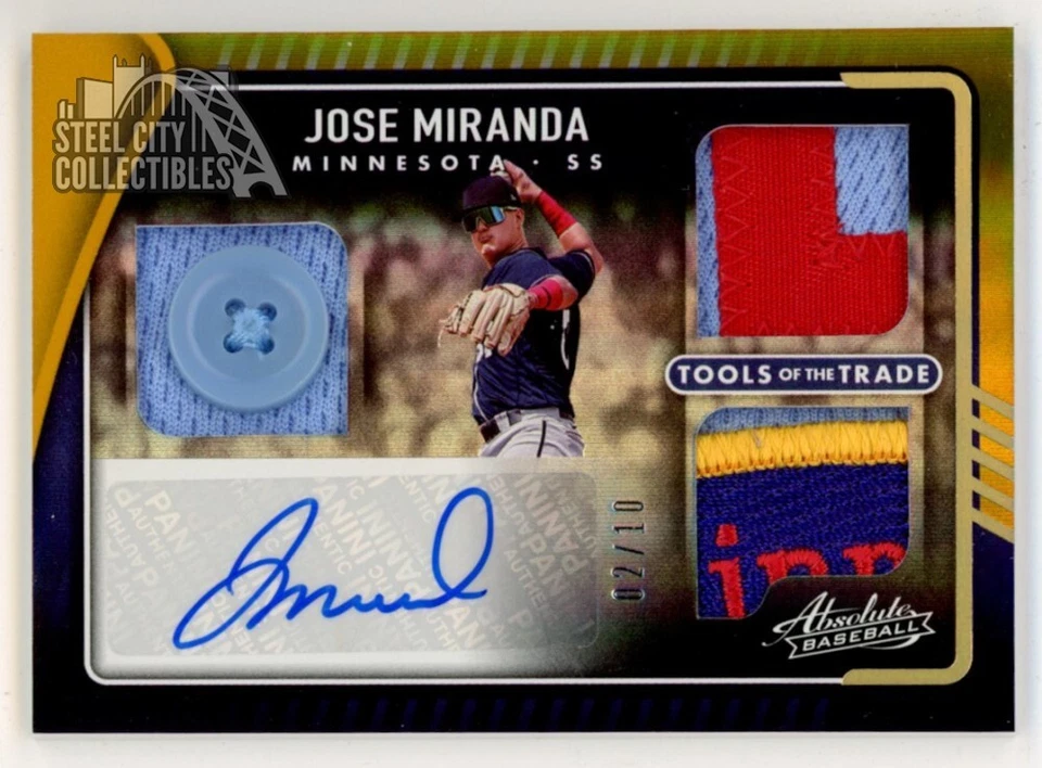 Jose Miranda 2022 Panini Absolute Gold Autograph Triple Patch Card 02/10 - Image 1 of 2