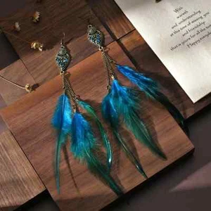 Blue Feather Earrings Long Boho Drop Fashion Jewellery Real Feather Earrings - Picture 1 of 1