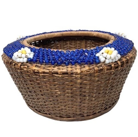 Vintage Woven Rattan and Wood Basket Glass Bead Floral Daisy Design Round Large Cover