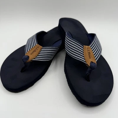 LL Bean Original Maine Isle Flip-Flops Sandals Women's 8M Navy &White Stripes - Image 1 of 4