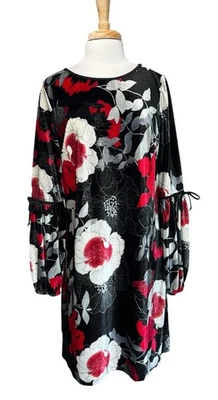 Madison Leigh Black Red Floral Velvet Dress Long Bliaut Sleeve WhimsiGoth XL - Image 1 of 4