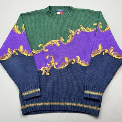 Suéter De Colección Tommy Hilfiger Para Hombres Grande Verde Púrpura Azul Color Block Tejido Y2K Años 90 Foto 1 de 4