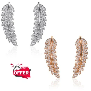 Cubic Zircon Crystal Leaf Stud Earrings Silver Gold Women Girl Jewellery Gift UK - Picture 1 of 21