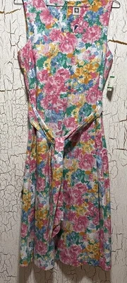NUEVO VESTIDO MIDI ANNE KLEIN ROSA FLORAL ALGODÓN ENTALLADO Y ACAMPANADO CON CINTURÓN TALLA L $139 Foto 1 de 4