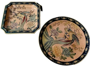 Juego/2 Plato Floral Fénix Pintado a Mano Cuadrado/Redondo Años 30 De Colección Decoración A Juego - Imagen 1 de 6