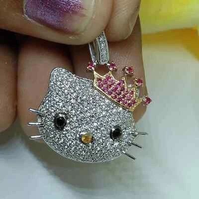 Crown Kitty Gift Pendant 14K Two Tone Gold Plated 2Ct Round Lab-Created Diamond - Image 1 of 4