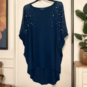 Paramour Women's Oversized Navy Beaded Pearl Short Sleeve Party High Low Top - Picture 1 of 10