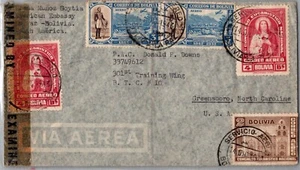 BOLIVIA 1943 WWII POSTAL HISTORY AIRMAIL CENSORED COVER MULT FRANKING ADDR USA - Picture 1 of 2