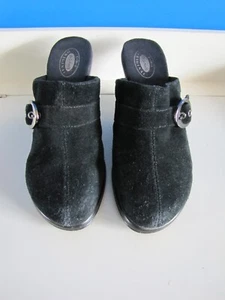 Nice Clean Dr Scholl's Black Suede Clog Shoe Slide Size 8 Almond Toe Wedge Heel - Picture 1 of 15
