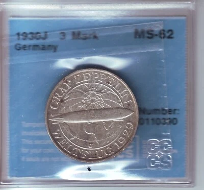 Mogi9 Germany rare MS62 1930J Zeppelin 3 Mark Weimar certfied CCCS - Image 1 of 2