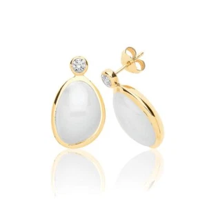 Amarillo Bañado en Oro Blanco Luna Piedra & Cúbico Cúbica Pendientes Plata de - Imagen 1 de 1