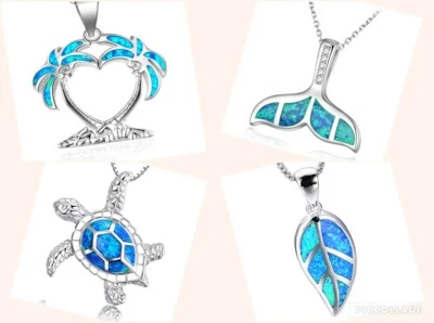 WOMEN’S FASHION SILVER PLATED OCEAN BLUE OPAL PENDANT NECKLACE - Image 1 of 2