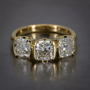 Three Stone Half Bezel Set Ring 14K Yellow Gold Over 2.2 Ct Simulated Diamond - Picture 1 of 6