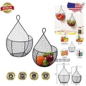 Set of 2 Wall-Mounted Black Wire Baskets for Stylish Kitchen Organization - Picture 1 of 9