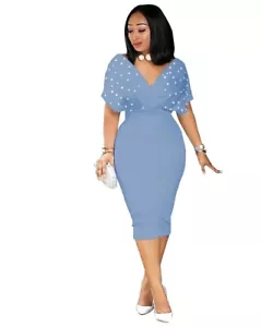Women’s V Neck Elegant Casual Short Sleeve Beaded Dress Summer Women’s Dress - Picture 1 of 14