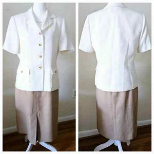 Size 6 Le Suit Cream and Beige 2-Piece Short-sleeved Blazer Skirt Business - Picture 1 of 23