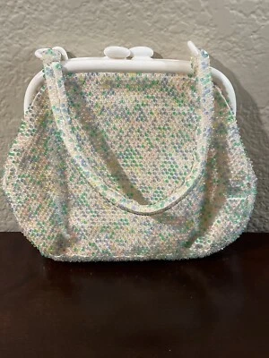 Vintage 50s 60s Gaymode Japan White all over Pastel beads Snap inner Zip - Image 1 of 4