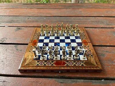 Historical Chess Set w Travel Chessboard - Pearl Chess Board - Blue Chess Game - Image 1 of 4