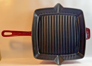 Staub Cast Iron 12-inch Square Grill Pan Cherry Red Enamel Cast Iron Frying Pan - Picture 1 of 11