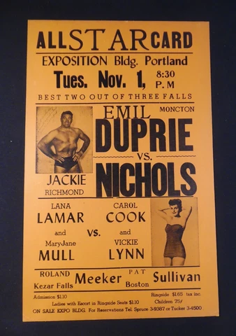 EMILE DUPRIE VS JACKIE NICHOLS & Lamar, Cook, Mull + 1954 Maine WRESTLING POSTER Cover
