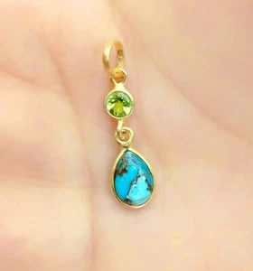 Blue copper Turquoise And Peridot Gold charm ,18kt Gold Charm, Handmade Jewelry - Picture 1 of 5