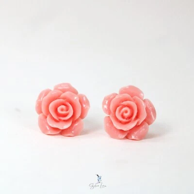 Pendientes de plata de ley 925 resina rosa flor rosa Foto 1 de 3