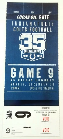 2018 Indianapolis Colts Dallas Cowboys NFL Football Full Void Ticket Stub Cover