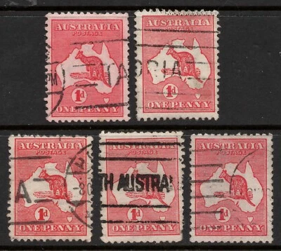 AUSTRALIA 1913-14 1d RED KANGAROO STAMPS X (5) USED SG:2 - Image 1 of 2