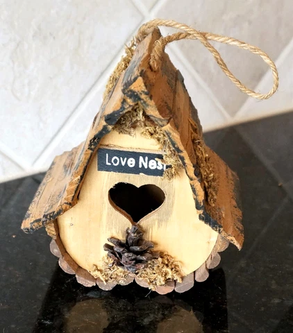 Love Nest Birdhouse, Heart Shaped access hole, pinecone perch Cover