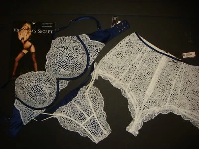 Victoria's Secret 34C JUEGO SUJETADOR BOMBA+S,M SHORTS+braguita BLANCO encaje azul marino Foto 1 de 4