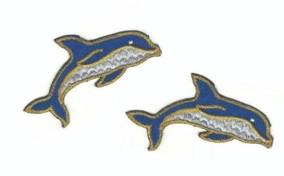 2 pcs Blue Dolphin Patches Metallic Gold Trim Iron-On Sew-On Applique Lot Ocean - Image 1 of 3