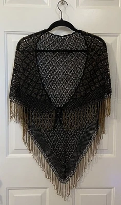 Vintage Beaded Fringe Triangular Shawl Capelet Burlesque Wrap - Black & Gold - Image 1 of 4
