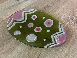 GANZ Art Glas Deko Teller grün rosa Retro Punkte oval 10,5" Schmelzglas - Bild 1 von 13