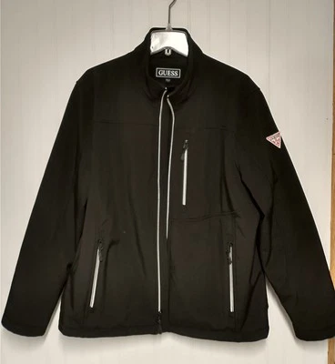 Men's Guess Black Softshell Jacket Coat ~ Zipper Front ~Logo Patch ~ Size Large  - Image 1 of 4