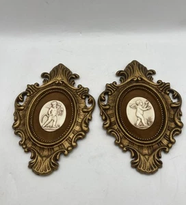 Pair Vintage Cherub Cameo Gold Ornate Syroco Regency Minature Frame Art 9x6 inch - Picture 1 of 8