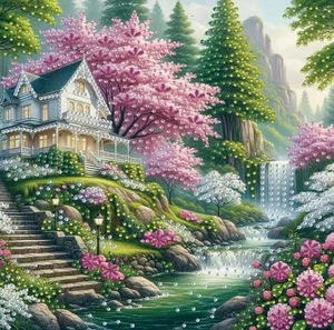 House by The Waterfall Diamond Painting Kit: 5D DIY Crystal (30cm x 30cm) - Picture 1 of 12