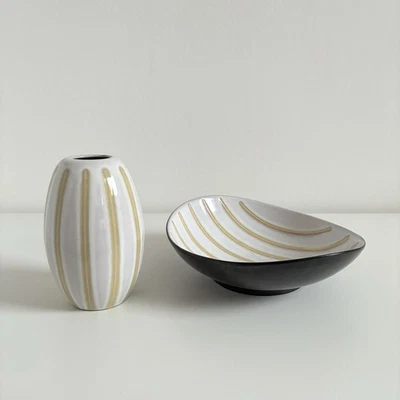 Set aus Vase und Schale Keramik van Daalen Streifendekor Mid Century Modern 50er - Bild 1 von 4