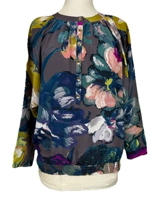 Ted Baker Top Blouse Womens Sz 1 (4) Silk Floral Multicolor Button Elastic Waist - Image 1 of 4