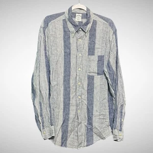 Brooks Brother Shirt Mens XL Linen 346 Long Sleeve Button Down Blue Stripe - Picture 1 of 9