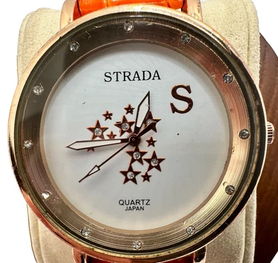 Man’s Strada 圣诞手表黄色表壳 CZ’z 表圈石英橙色表带 — 第 1/4 张图片