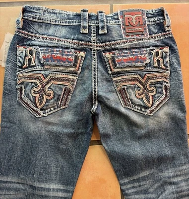 Pantalones de mezclilla para hombre Rock Revival ARCHER 36x32 rectos rojos, blancos y azules con estrellas Foto 1 de 4