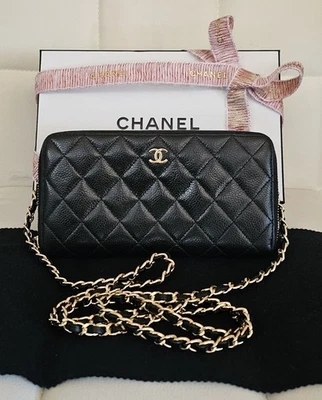CHANEL Black Caviar Leather Quilted Zip Around Wallet w/ Box & COA - Image 1 of 4