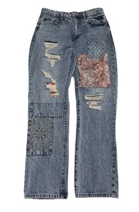 Kancan Patchwork Distressed Jeans Sz 9/28 Straight Leg 100% Cotton Unique Design - Picture 1 of 13