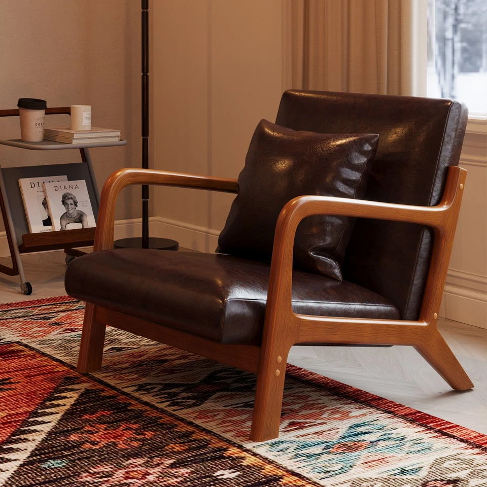 Sillón tapizado de cuero sintético Mid-Century para sala de estar nuevo Foto 1 de 4