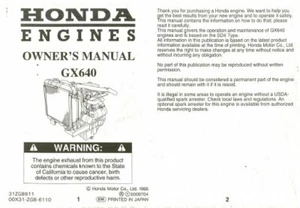 Honda GX640 Engine Owners Manual : 31ZG8611 - Picture 1 of 1